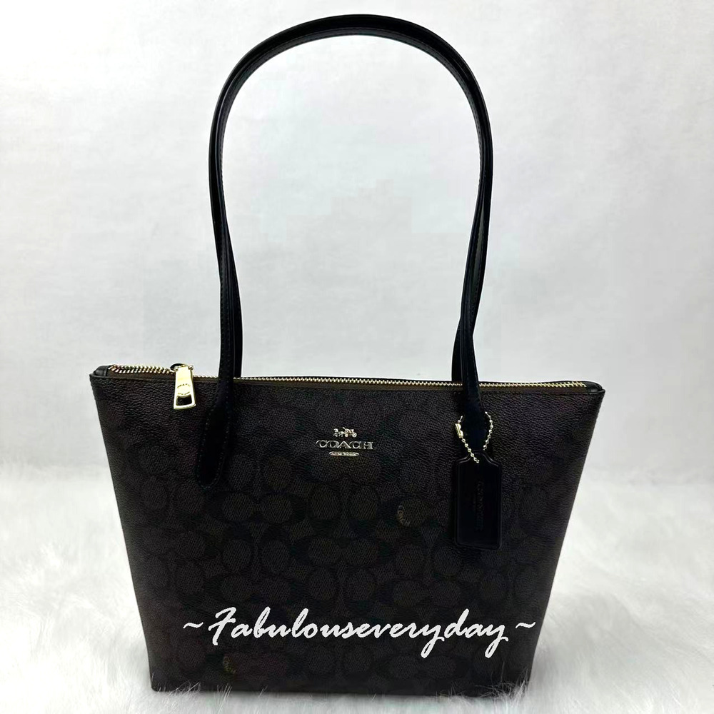 Coach Fiona Zip Tote Bag In Signature Canvas/Gold/Walnut/Black CBT18 NWT